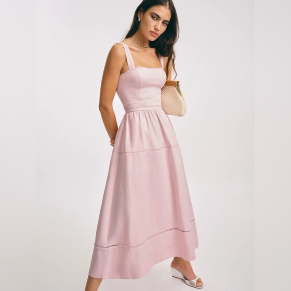 NEW Reformation Everett Linen Midi Dress Cherry Blossom Light Pink | US 2 UK 6 - Picture 11 of 14